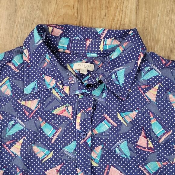 🔺️Talbots Blue Sailboat Print Buttoned Adjustable Long Sleeve Shirt Medium - Picture 3 of 10